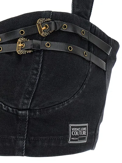 Versace Jeans Couture Baroque Buckle Denim Top With Heart Neck