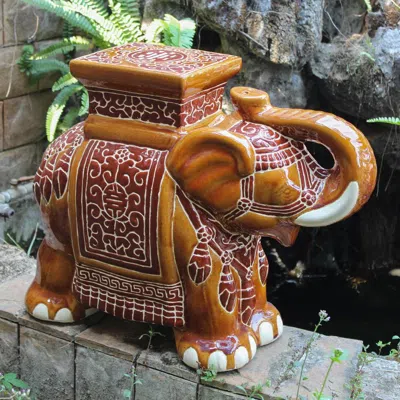International Caravan Large Porcelain Elephant Stool-brown
