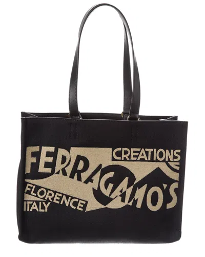 Ferragamo Logo Medium Canvas & Leather Tote In Black