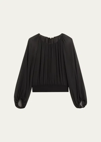Lafayette 148 Ruched Balloon-sleeve Silk Georgette Blouse In Black