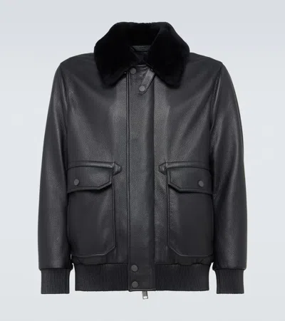 BRIONI SHEARLING-TRIMMED LEATHER BOMBER JACKET 