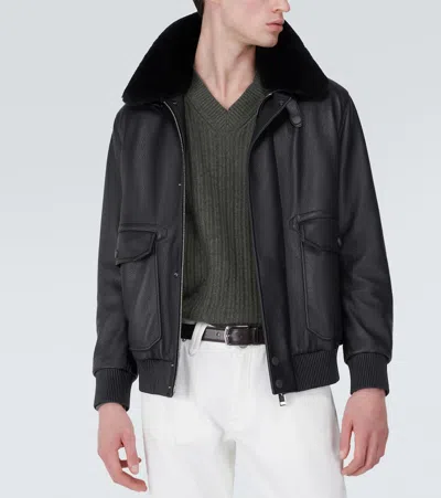 Shop Brioni Shearling-trimmed Leather Bomber Jacket In Black