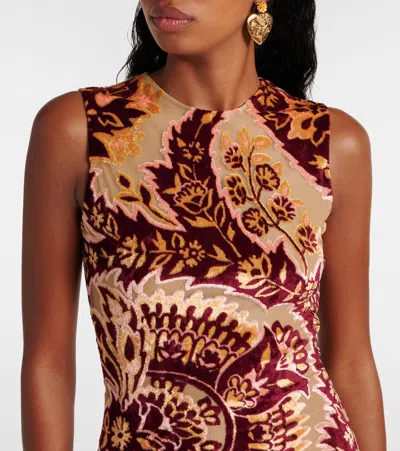 Etro Paisley Velvet And Tulle Jacquard Midi Dress In Red