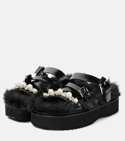 Simone Rocha Artificial Fur Multi-strap Sandals In Black
