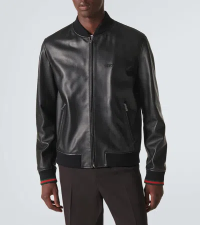 Gucci Black Bomber Jacket With Front Logo In Nappa Leather And Mesh Man In Black