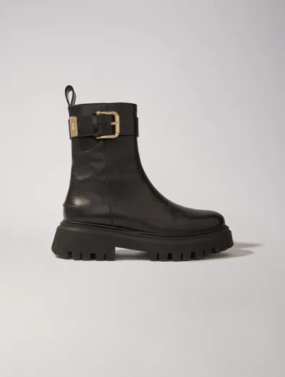 Maje Leather Ankle Boots With Buckles In Noir