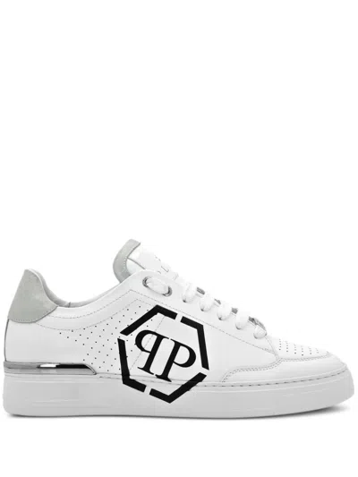 Philipp Plein Perforated Leather Sneakers Logo Detail In White