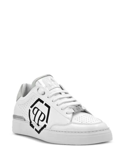 Philipp Plein Perforated Leather Sneakers Logo Detail In White