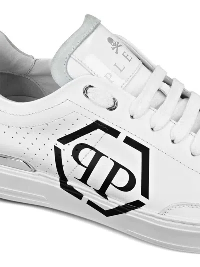 Philipp Plein Perforated Leather Sneakers Logo Detail In White