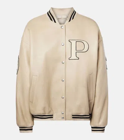 Shop Prada Patch-appliqué Padded Leather Varsity Jacket In Beige