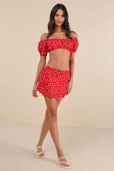 Motel Imuna Red Anchor Print Off-the-shoulder Crop Top In Red