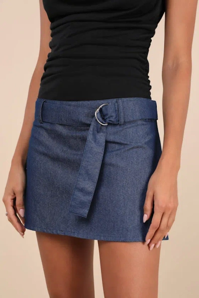 Motel Marine Dark Blue Chambray Belted Micro Mini Skirt In Dark Blue