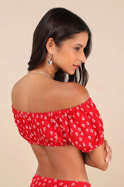 Motel Imuna Red Anchor Print Off-the-shoulder Crop Top In Red