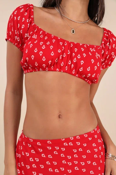 Motel Imuna Red Anchor Print Off-the-shoulder Crop Top In Red