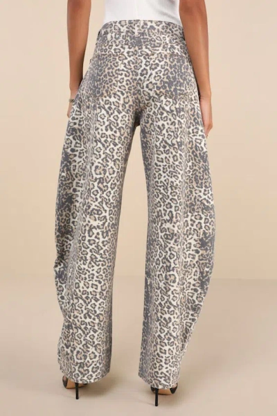 Lioness Horseshoe Beige Faded Leopard Print Ultra Wide-leg Jeans In Beige