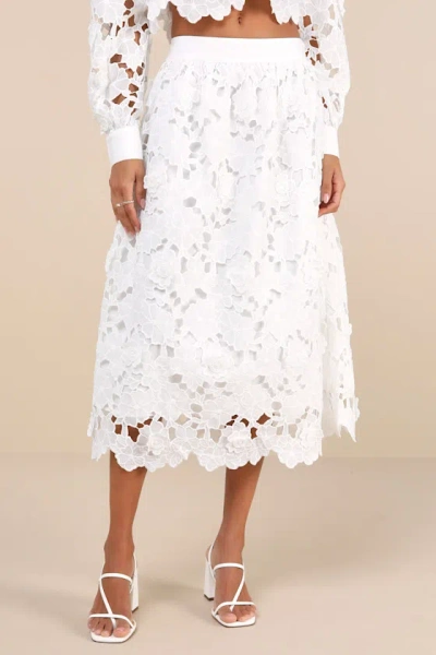 En Saison Ottis White Laser-cut Floral High-rise Midi Skirt In White