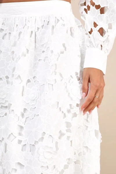 En Saison Ottis White Laser-cut Floral High-rise Midi Skirt In White