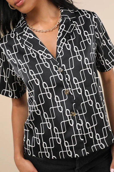 Lulus Intricate Aesthetic Black And White Abstract Print Button-up Top In Black And White