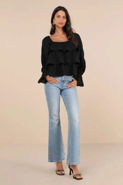 Lulus Tier Decadence Black Tiered Ruffled Long Sleeve Button-up Top In Black