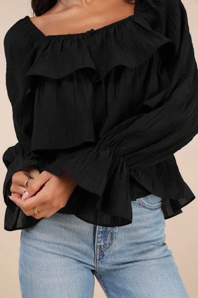Lulus Tier Decadence Black Tiered Ruffled Long Sleeve Button-up Top In Black