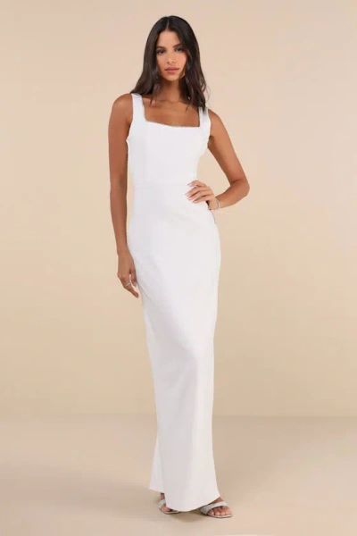 Lulus Timeless Poise White Rhinestone Square Neck Backless Maxi Dress In White