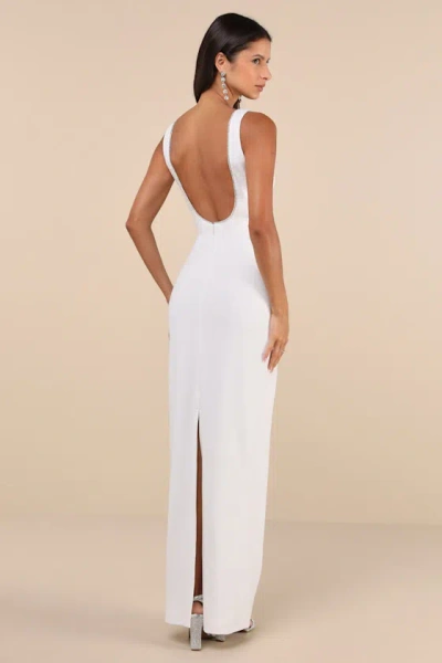 Lulus Timeless Poise White Rhinestone Square Neck Backless Maxi Dress In White