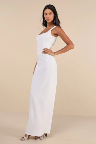 Lulus Timeless Poise White Rhinestone Square Neck Backless Maxi Dress In White