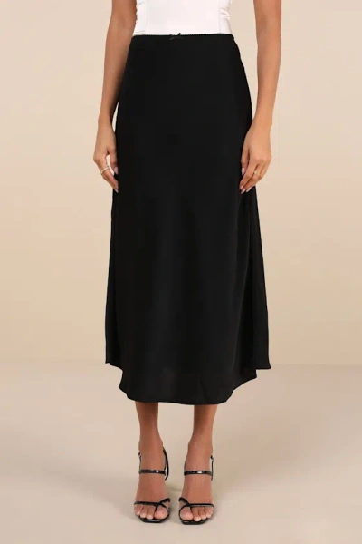 Lulus Sleek Proposition Black Satin Bow Midi Skirt In Black
