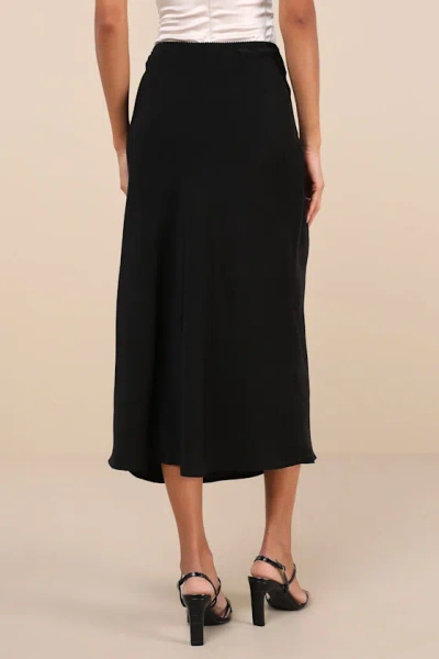 Lulus Sleek Proposition Black Satin Bow Midi Skirt In Black