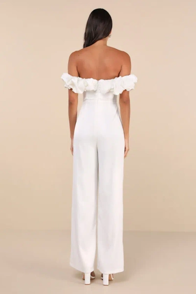 Lulus Immense Glamour White Satin Ruffled Off-the-shoulder Jumpsuit In White