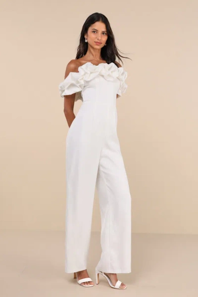 Lulus Immense Glamour White Satin Ruffled Off-the-shoulder Jumpsuit In White