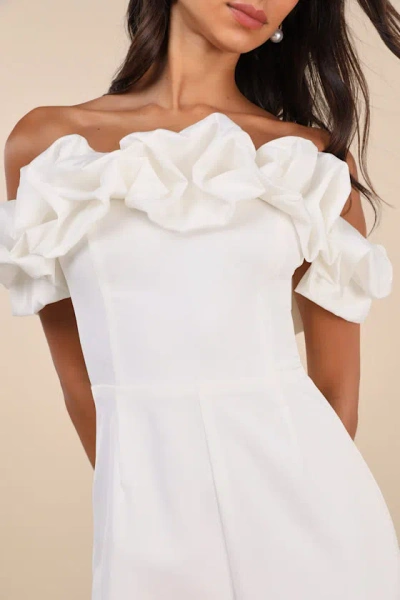 Lulus Immense Glamour White Satin Ruffled Off-the-shoulder Jumpsuit In White