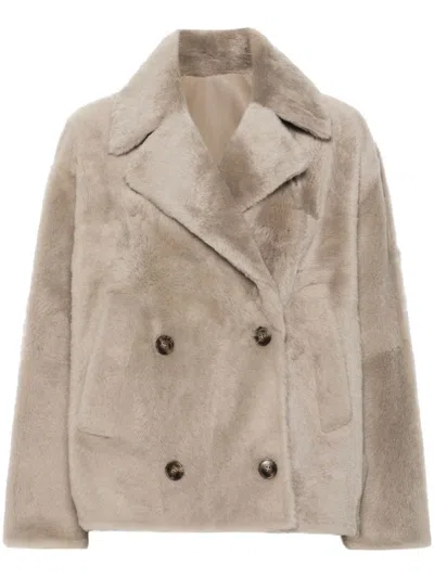 Yves Salomon Beigedouble-breasted Fur Jacket In Lambskin Woman In Grey