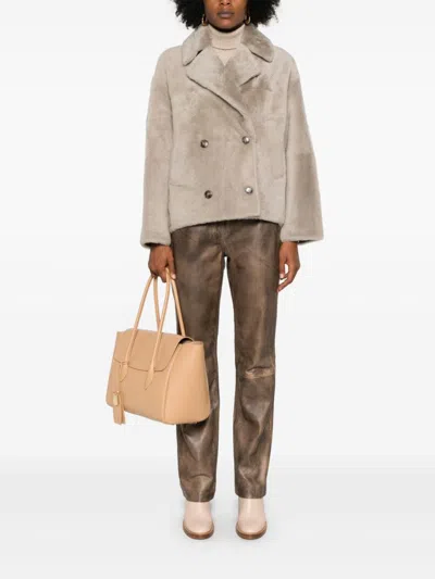 Yves Salomon Beigedouble-breasted Fur Jacket In Lambskin Woman In Grey