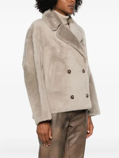 Yves Salomon Beigedouble-breasted Fur Jacket In Lambskin Woman In Grey