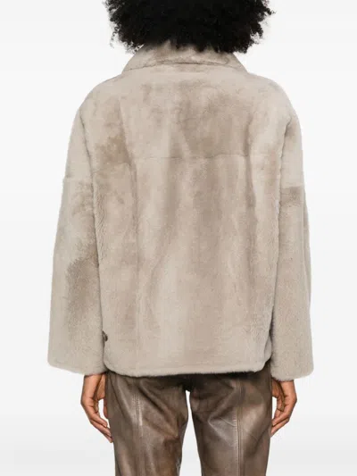 Yves Salomon Beigedouble-breasted Fur Jacket In Lambskin Woman In Grey
