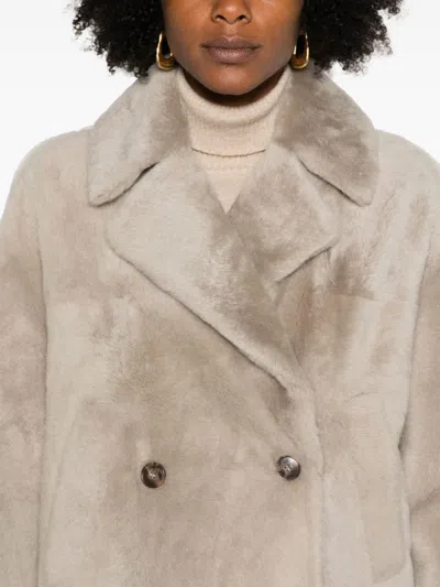Yves Salomon Beigedouble-breasted Fur Jacket In Lambskin Woman In Grey