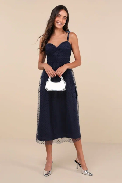 Lulus Spotted By You Navy Blue Polka Dot Velvet Tie-strap Midi Dress In Navy Blue