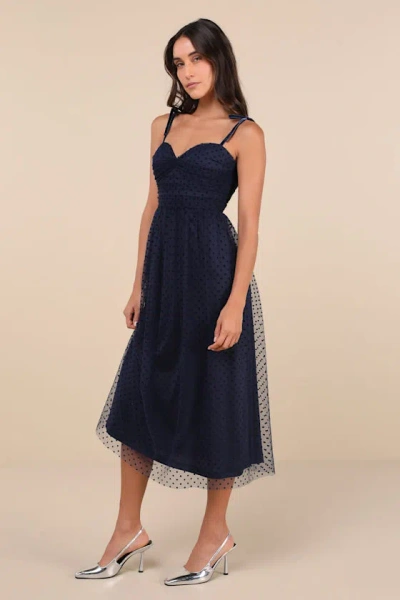 Lulus Spotted By You Navy Blue Polka Dot Velvet Tie-strap Midi Dress In Navy Blue