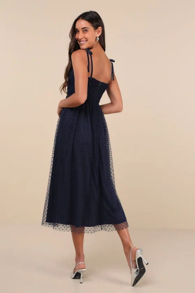 Lulus Spotted By You Navy Blue Polka Dot Velvet Tie-strap Midi Dress In Navy Blue