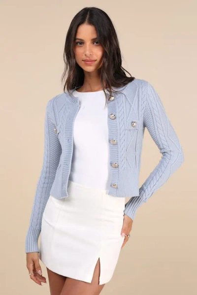 Lulus Luxe Composure Blue Cable Knit Long Sleeve Cardigan Sweater In Blue