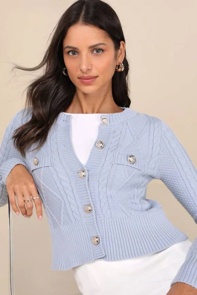 Lulus Luxe Composure Blue Cable Knit Long Sleeve Cardigan Sweater In Blue