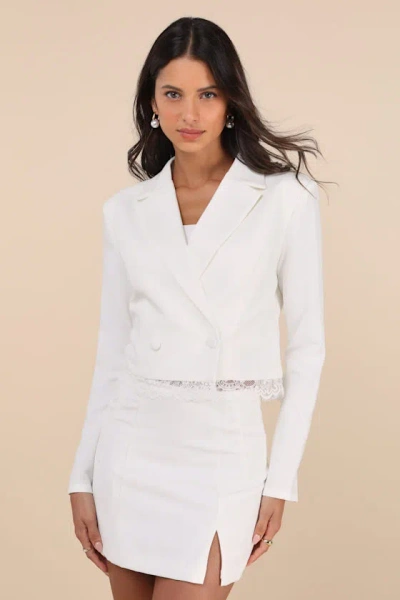 Lulus Savvy Elegance Ivory Lace Double-breasted Cropped Blazer In Ivory