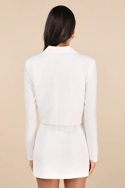 Lulus Savvy Elegance Ivory Lace Double-breasted Cropped Blazer In Ivory
