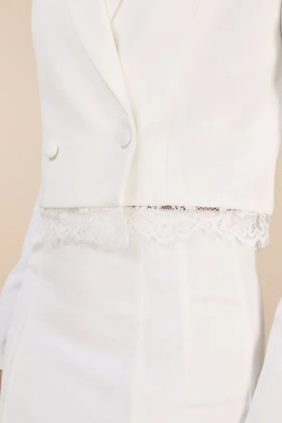 Lulus Savvy Elegance Ivory Lace Double-breasted Cropped Blazer In Ivory