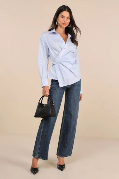 Astr Flykra Light Blue Striped Asymmetrical Button-up Wrap Top In Light Blue