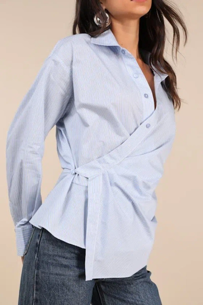 Astr Flykra Light Blue Striped Asymmetrical Button-up Wrap Top In Light Blue