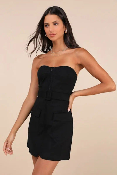 Astr Deniz Black Zip-front Strapless Mini Dress With Pockets In Black