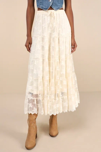 Lulus Exceptionally Graceful Cream Lace High-rise Tiered Midi Skirt In White