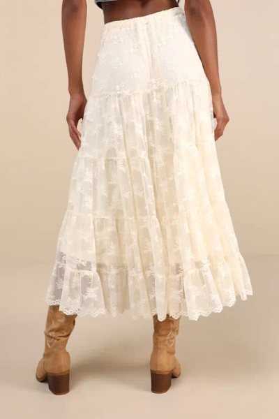 Lulus Exceptionally Graceful Cream Lace High-rise Tiered Midi Skirt In White